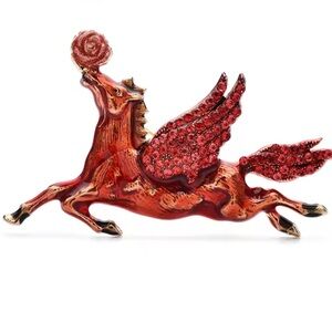Red Angel Horse Pegasus Brooch with Rose Accent